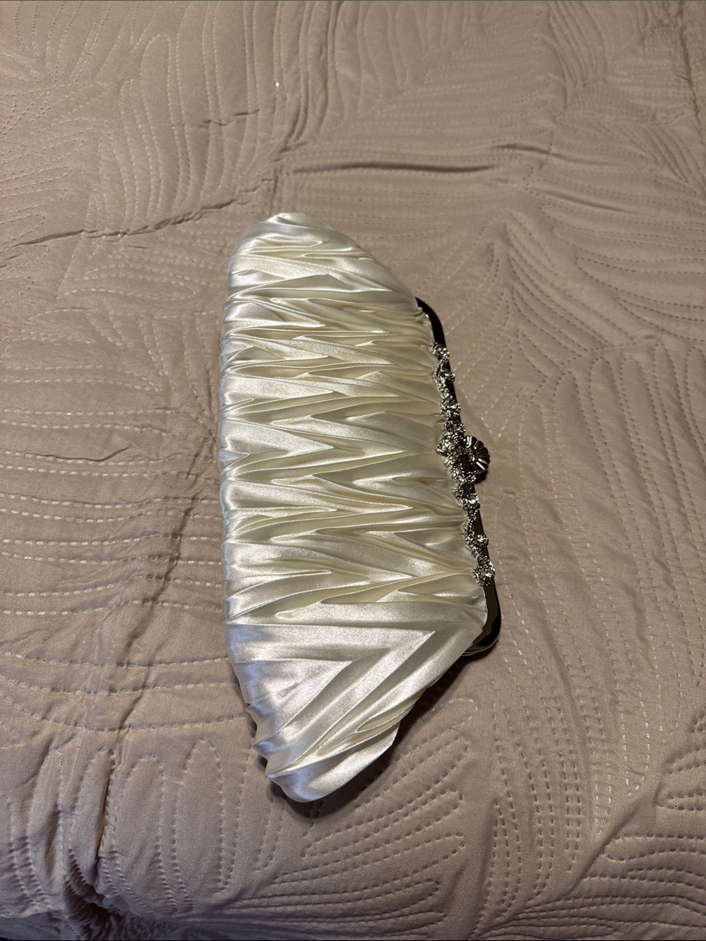 Source Unknown Satin Ruched Clutch in Cream with Silver Accent